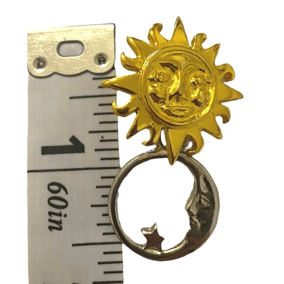 Adolfo Moon Face Star Gold toned and Silver Pierced Earrings Celestial - Picture 7 of 7